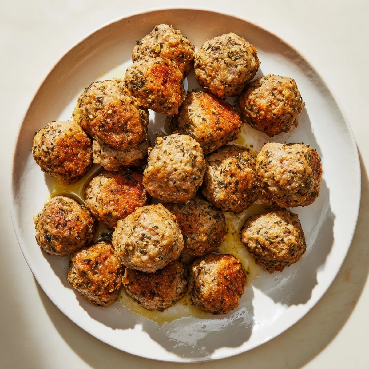 Close-up of baked Herb Roasted Turkey Meatballs with visible herbs and textures, a delicious, easy meal.