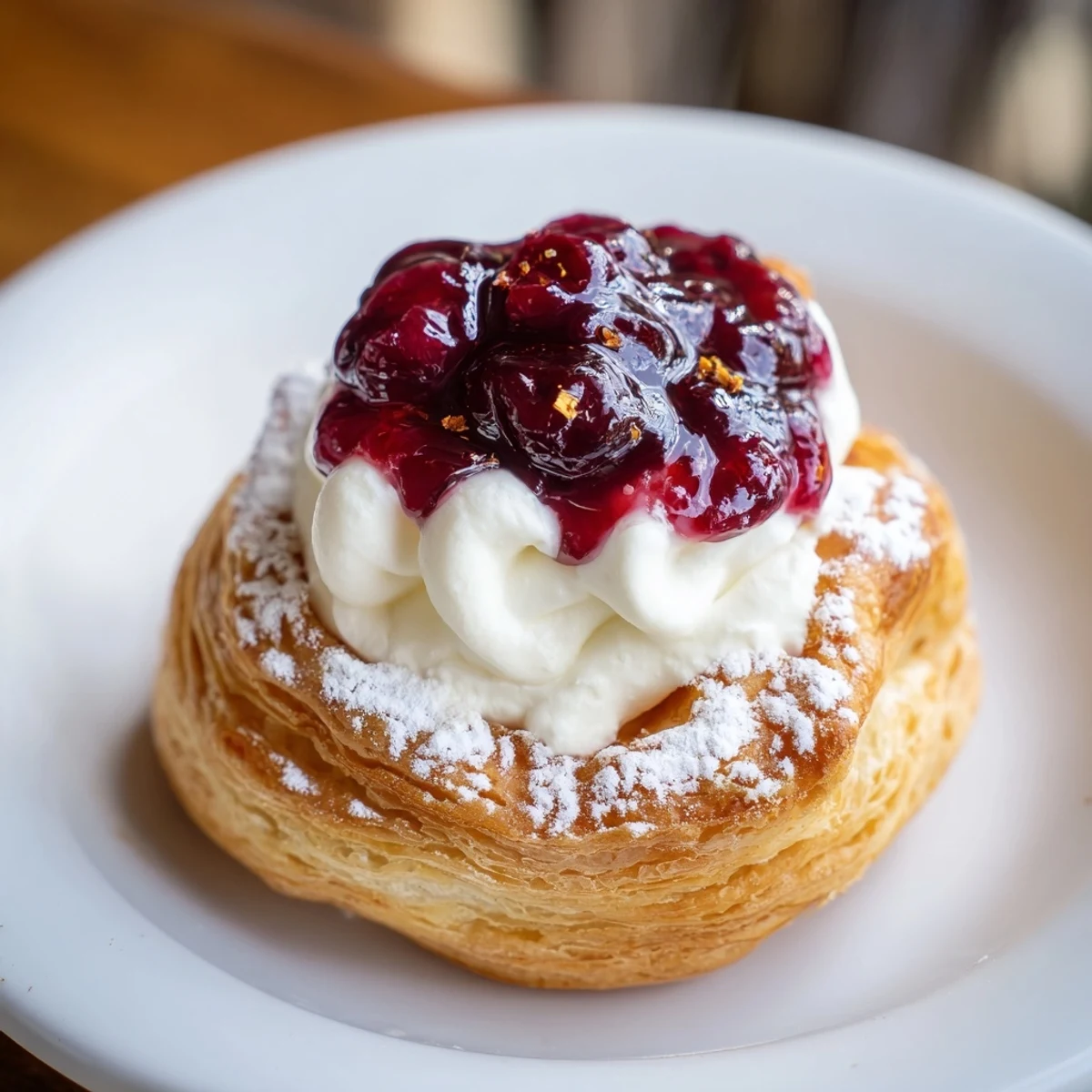 Freshly baked Cranberry Cream Cheese Danish showcasing golden pastry pockets filled with creamy cheese and vibrant cranberry.