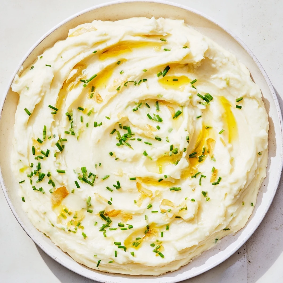 Enjoy the smooth texture of Garlic Mashed Potatoes, seasoned with fresh chives, a delicious vegetarian option.