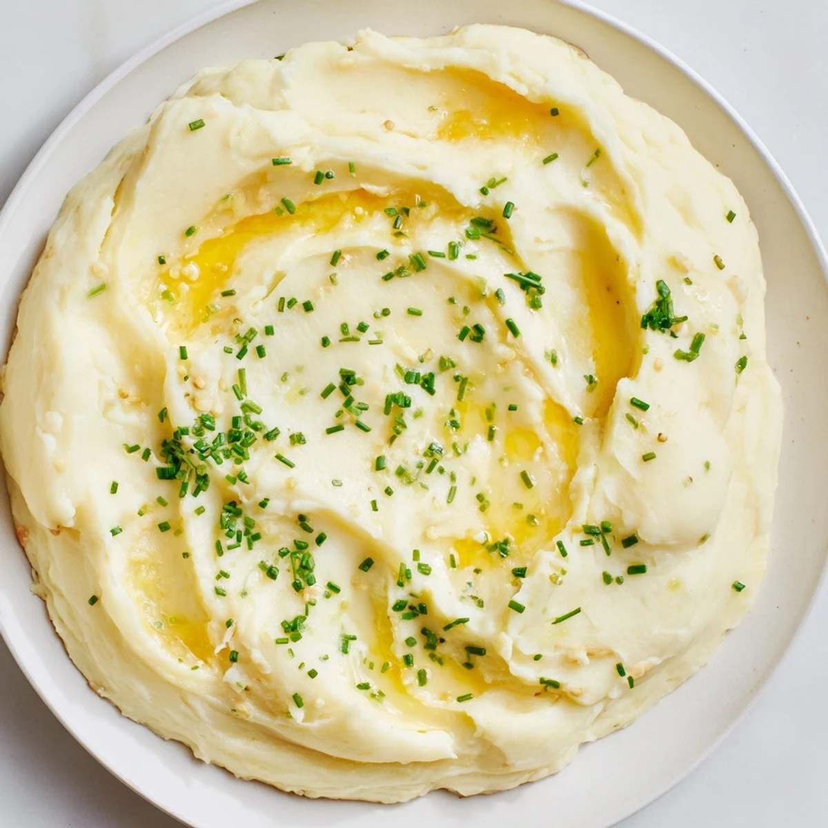 Fluffy, creamy Garlic Mashed Potatoes with chopped chives, perfect as a comforting side at any meal.