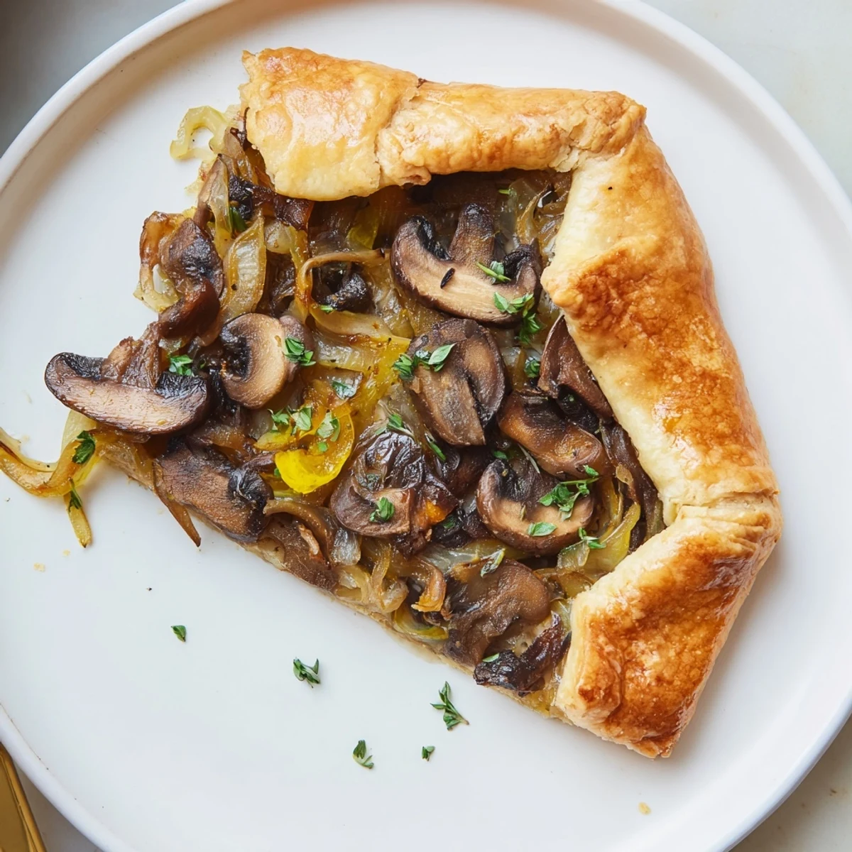 Golden, flaky Savory Mushroom and Onion Galette with a savory filling, ready to serve.