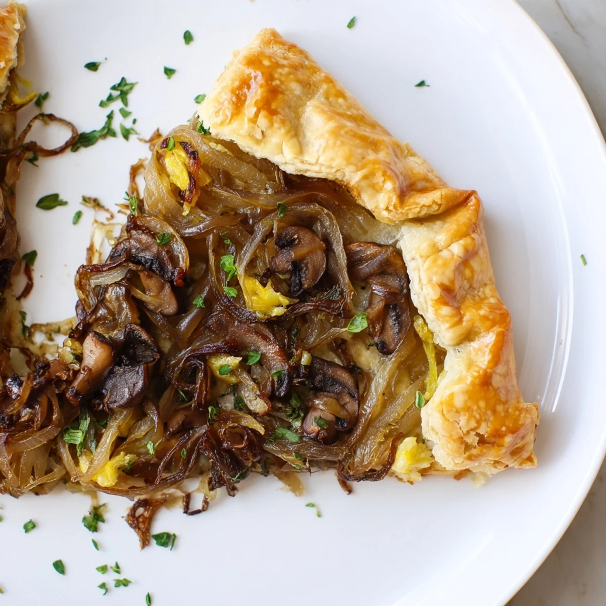 Perfectly baked Savory Mushroom and Onion Galette showcasing a golden-brown, buttery crust and aromatic filling.