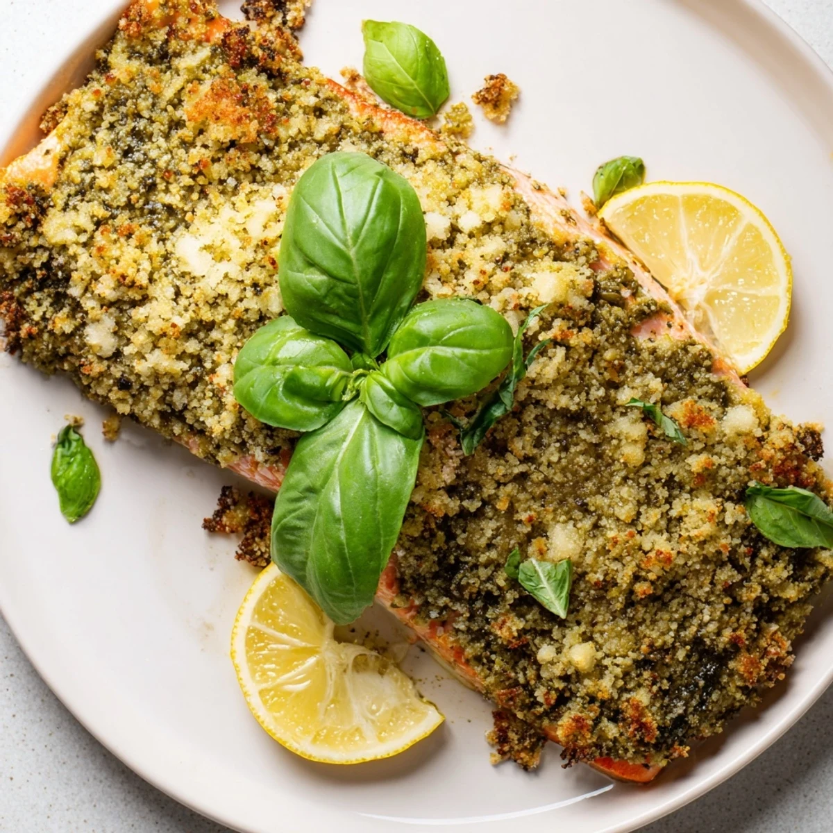 A close-up shot of baked salmon with pesto crust, a delicious and easy main course.