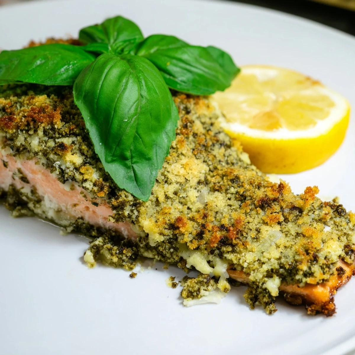 Golden-brown baked salmon with pesto crust, perfect for a flavorful Mediterranean dinner with lemon.