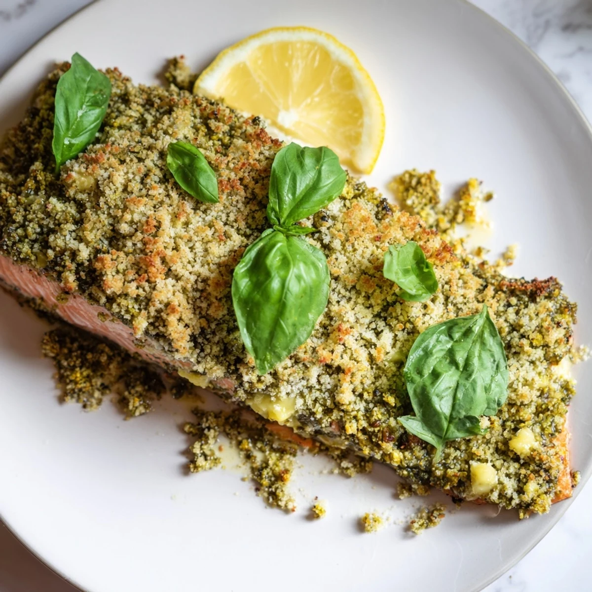 Freshly baked salmon with pesto crust served, showcasing a flaky texture and vibrant herbs.