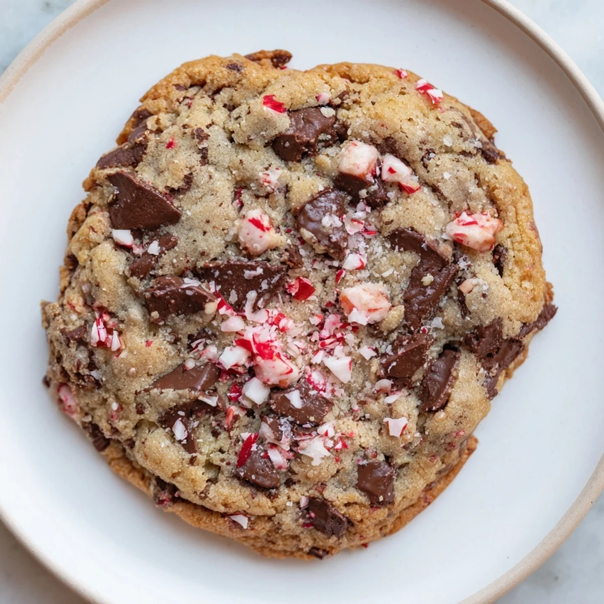 A close-up of warm Peppermint Chocolate Chip Cookies, showcasing melted chocolate chips and a minty aroma.
