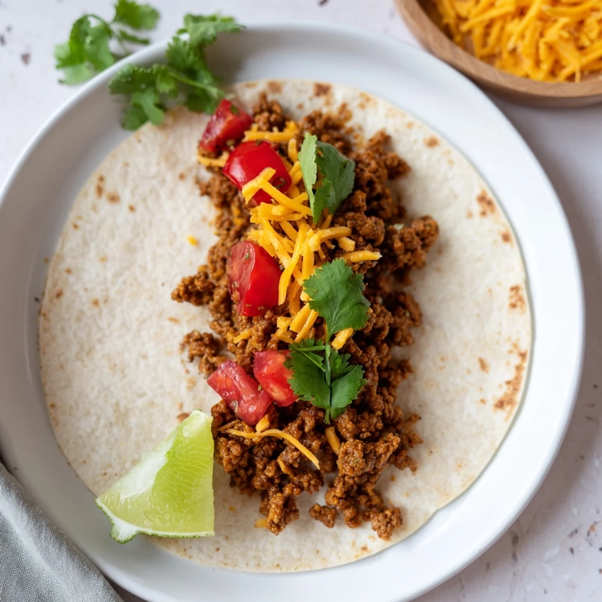 Close-up of fully loaded beef tacos, with visible homemade seasoning and fresh, vibrant toppings.