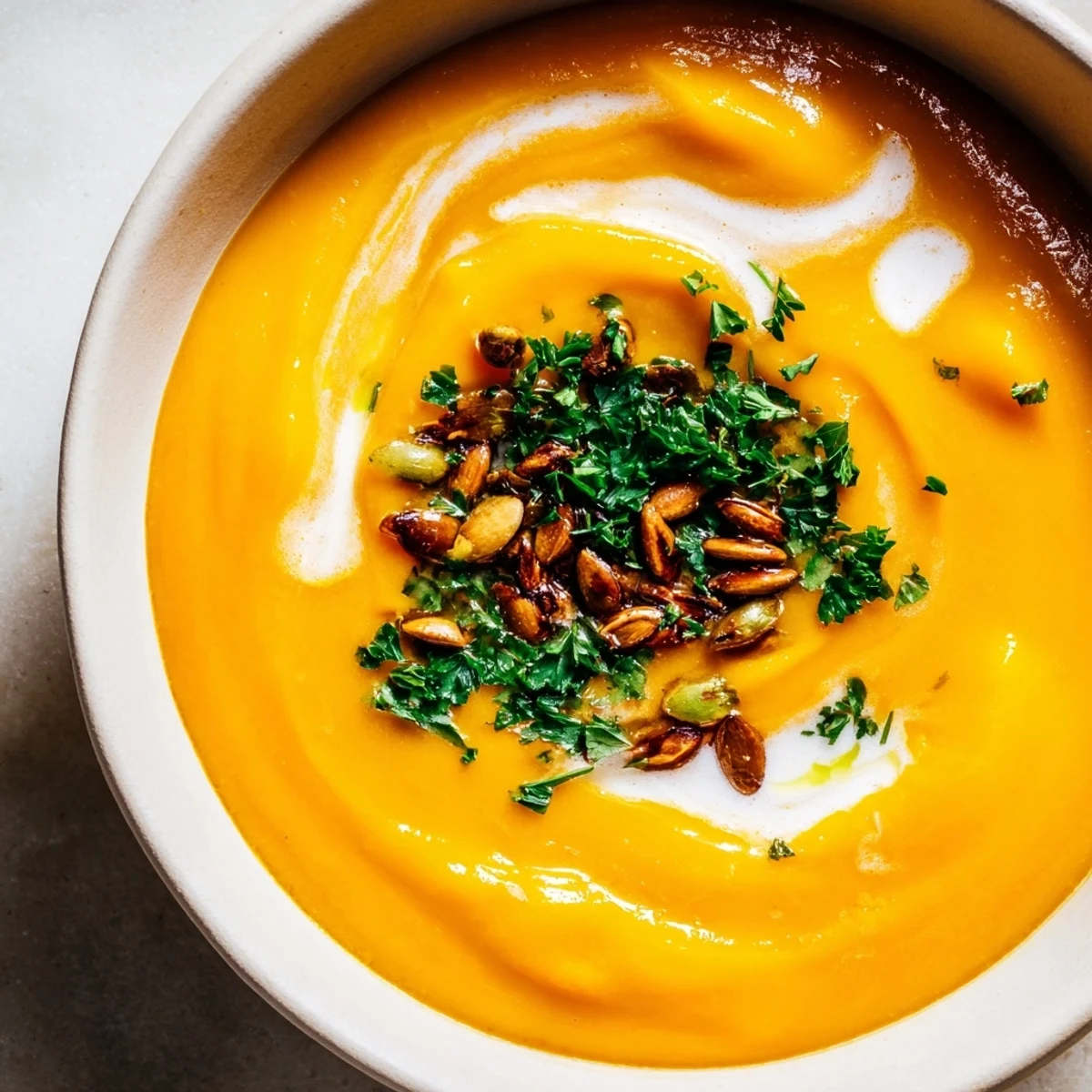 Roasted butternut squash soup, a creamy, golden soup with garnished toppings, ready to enjoy.