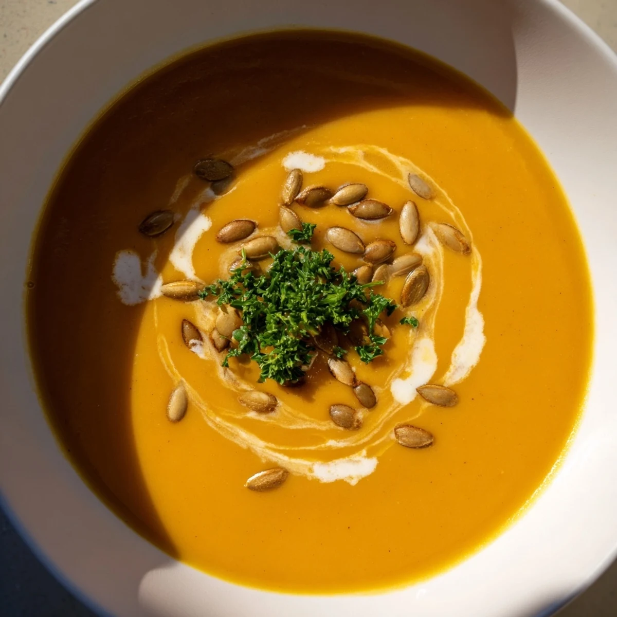A steaming bowl of butternut squash soup, perfectly smooth and fragrantly spiced, awaits tasting.