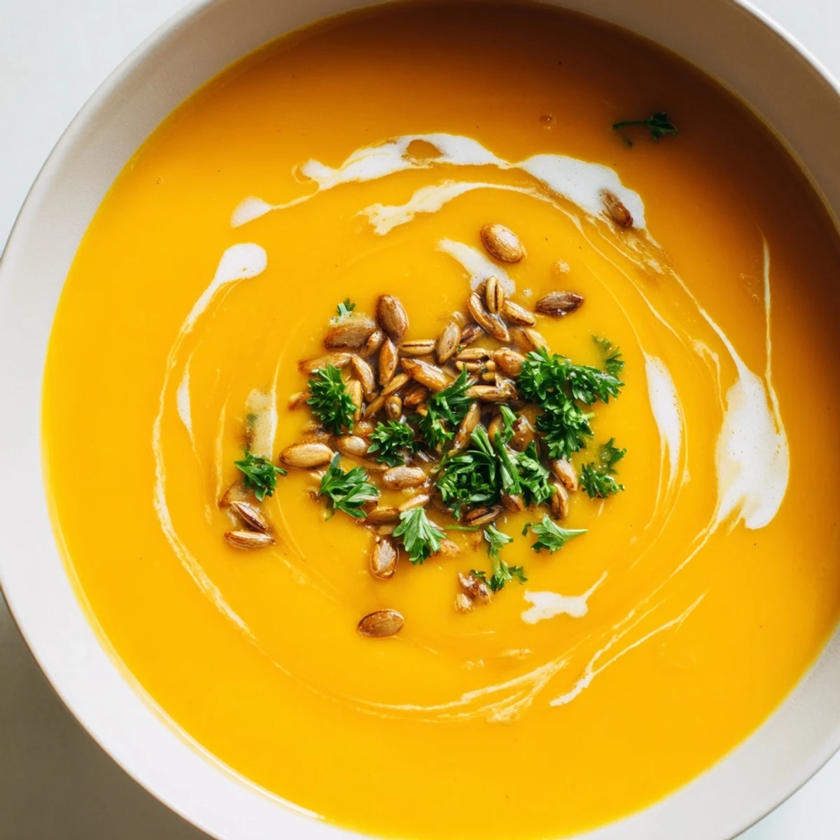 Garnish of seeds and parsley atop the vibrant, velvety butternut squash soup; serve with bread.