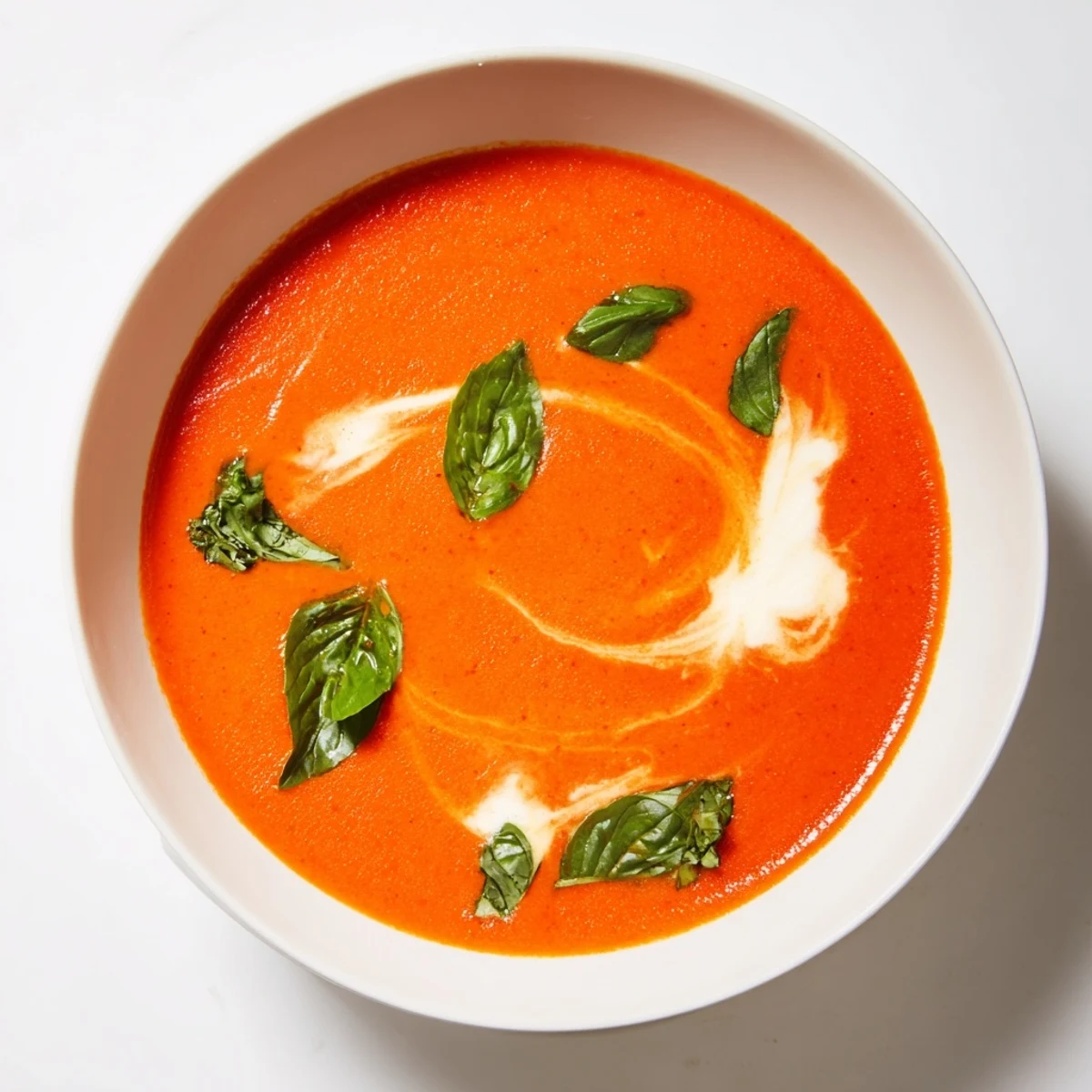 A swirl of rich, creamy tomato bisque, garnished with bright green basil leaves.