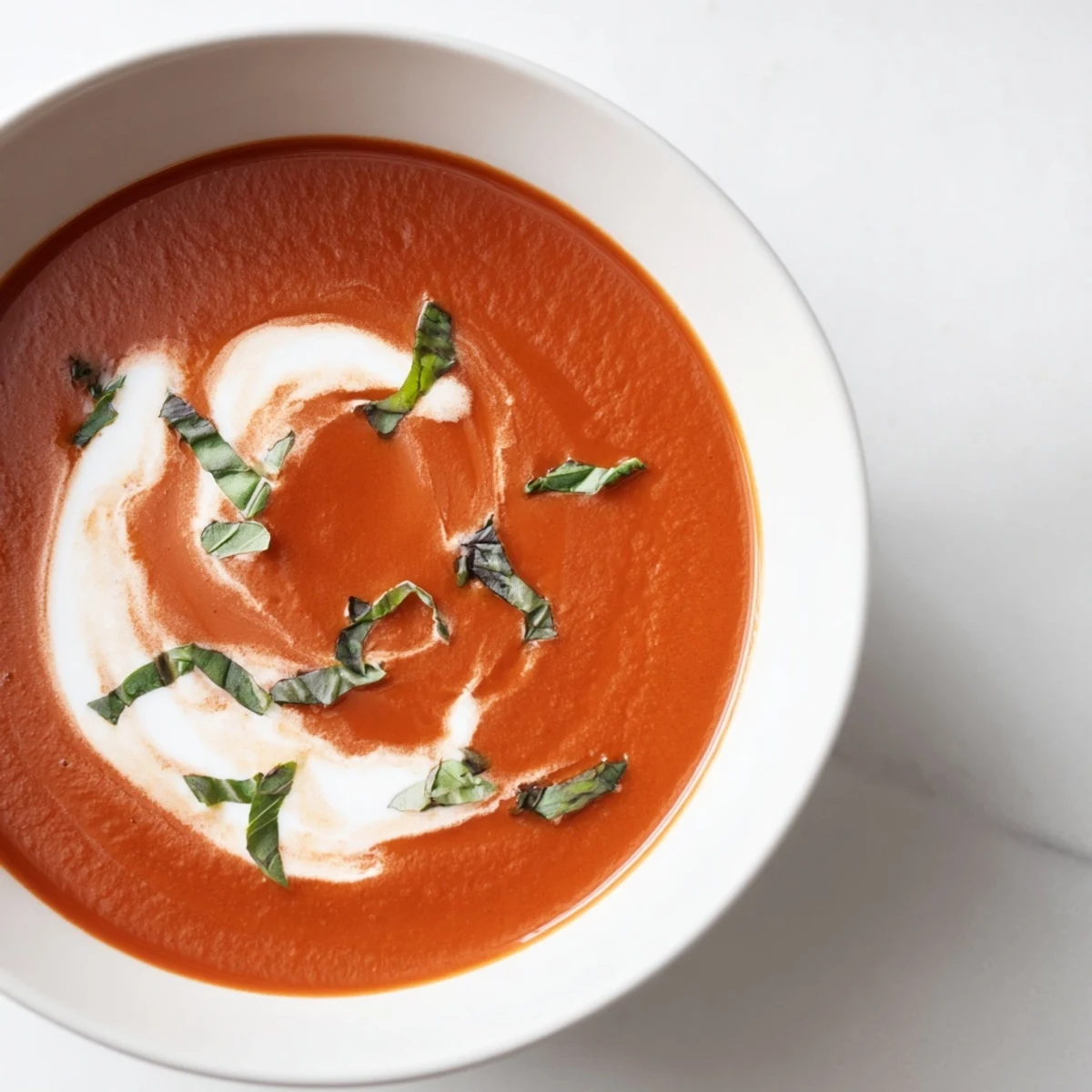 Steaming bowl of creamy tomato bisque with fresh basil, ready to be enjoyed.
