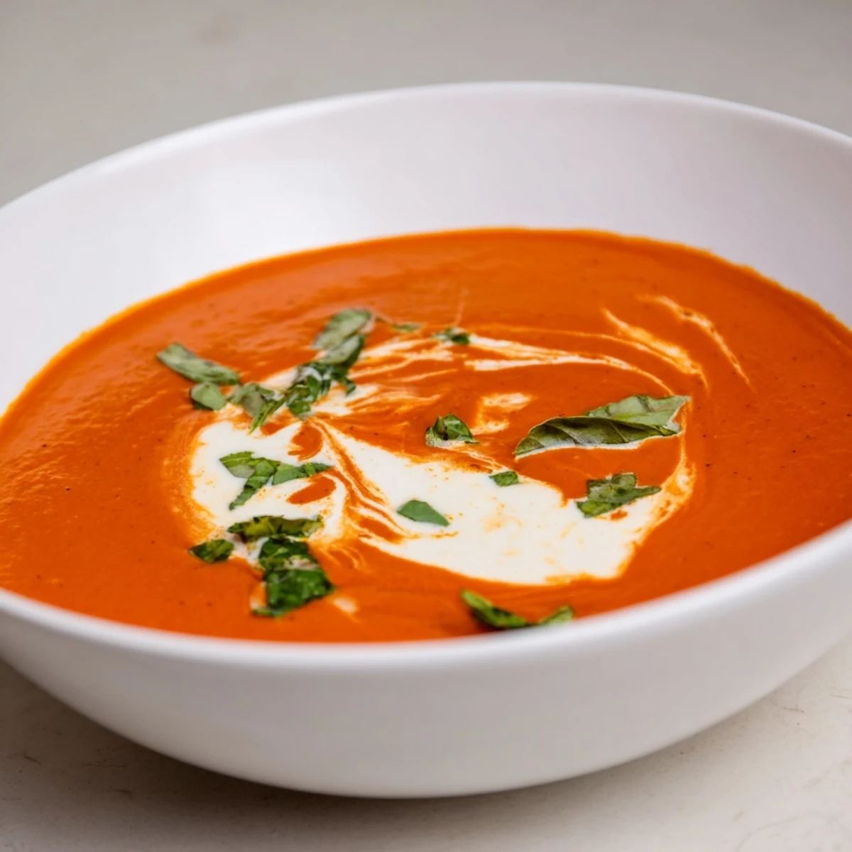 Thick and velvety creamy tomato bisque, perfectly balanced with a touch of sweetness and herbs.