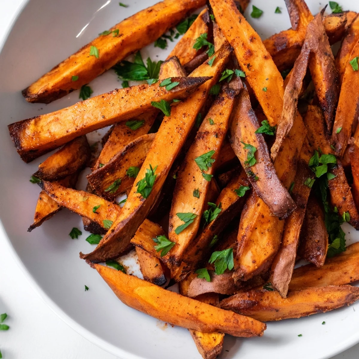 Golden-brown baked sweet potato fries sprinkled with paprika, a perfect side dish for any meal.