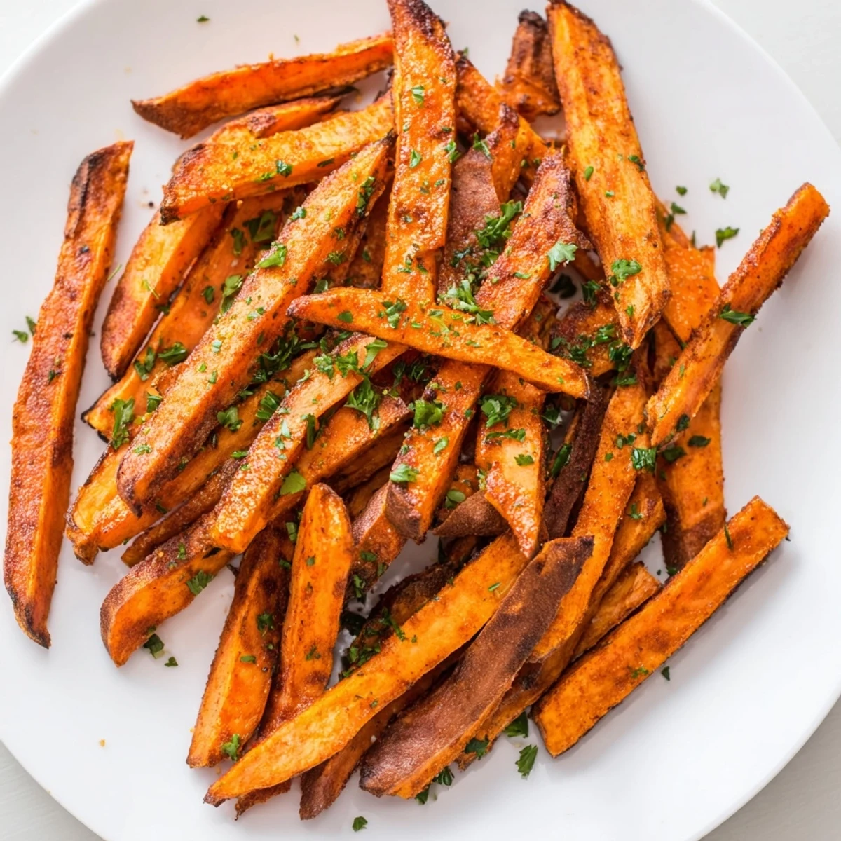 Crispy baked sweet potato fries coated with smoky paprika, ready to be enjoyed with garlic aioli.
