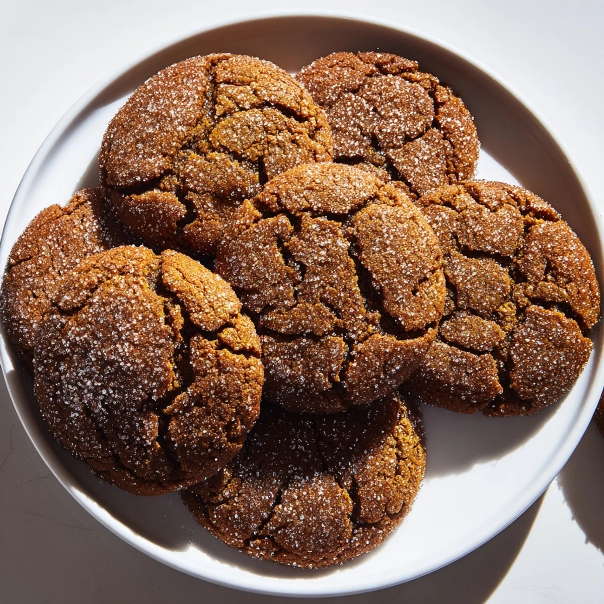 Warm, spiced Ginger Molasses Cookies on a baking sheet, ready to be enjoyed with a hot drink.