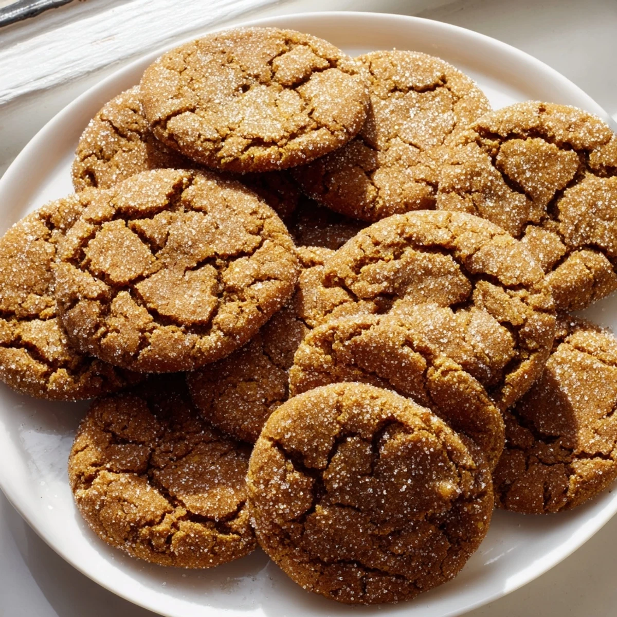 Golden-brown, chewy Ginger Molasses Cookies, rolled in sugar, offering a comforting aroma.