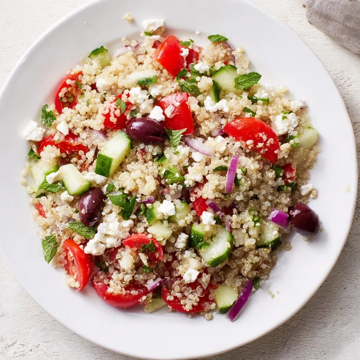 Mediterranean quinoa salad with feta, a colorful mix of vegetables and crumbled cheese, ready to eat.