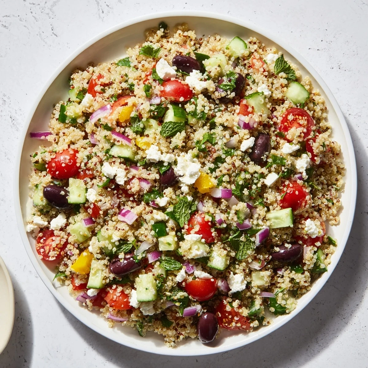 Close-up of a refreshing Mediterranean quinoa salad with feta cheese, showcasing vibrant ingredients.