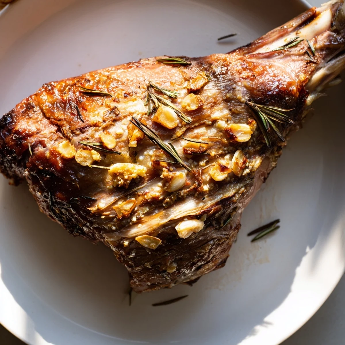 A golden-brown slow roasted leg of lamb, perfectly cooked, rests on a bed of roasted vegetables.