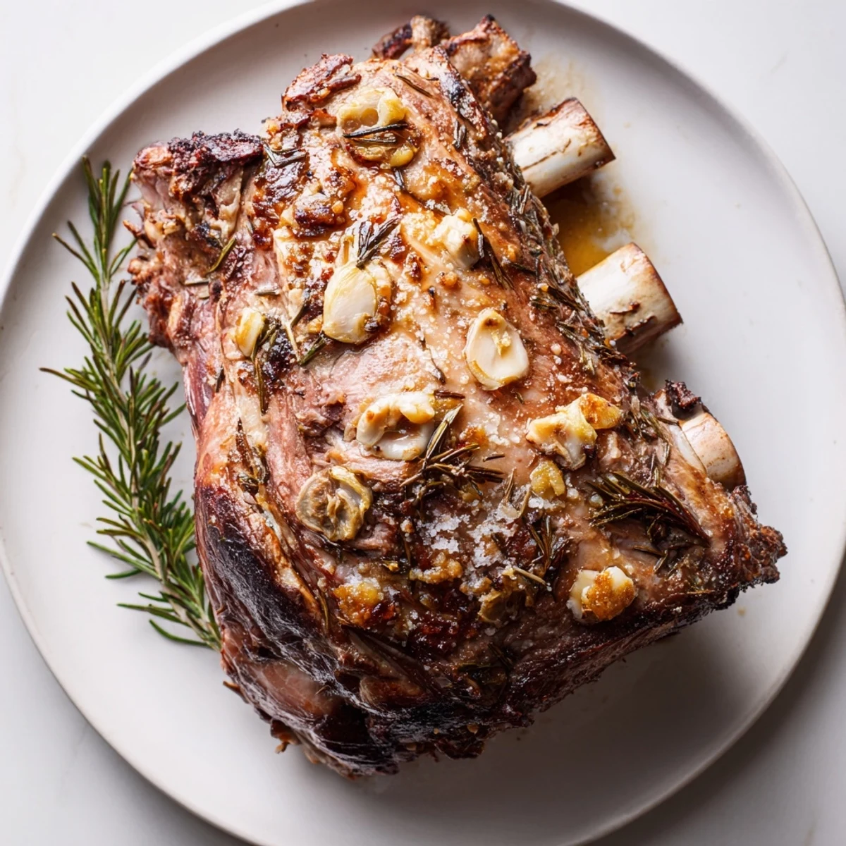 Juicy leg of lamb slow roasted to perfection, showcasing a delightful crust and savory rosemary aroma.