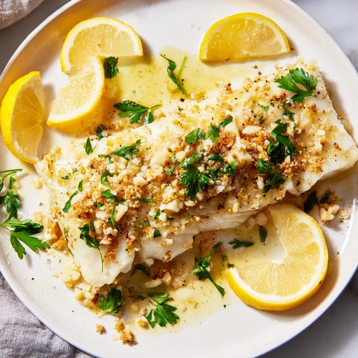 Golden, crispy skin Baked Cod with Lemon, perfectly plated with lemon slices and fresh parsley for a flavorful meal.