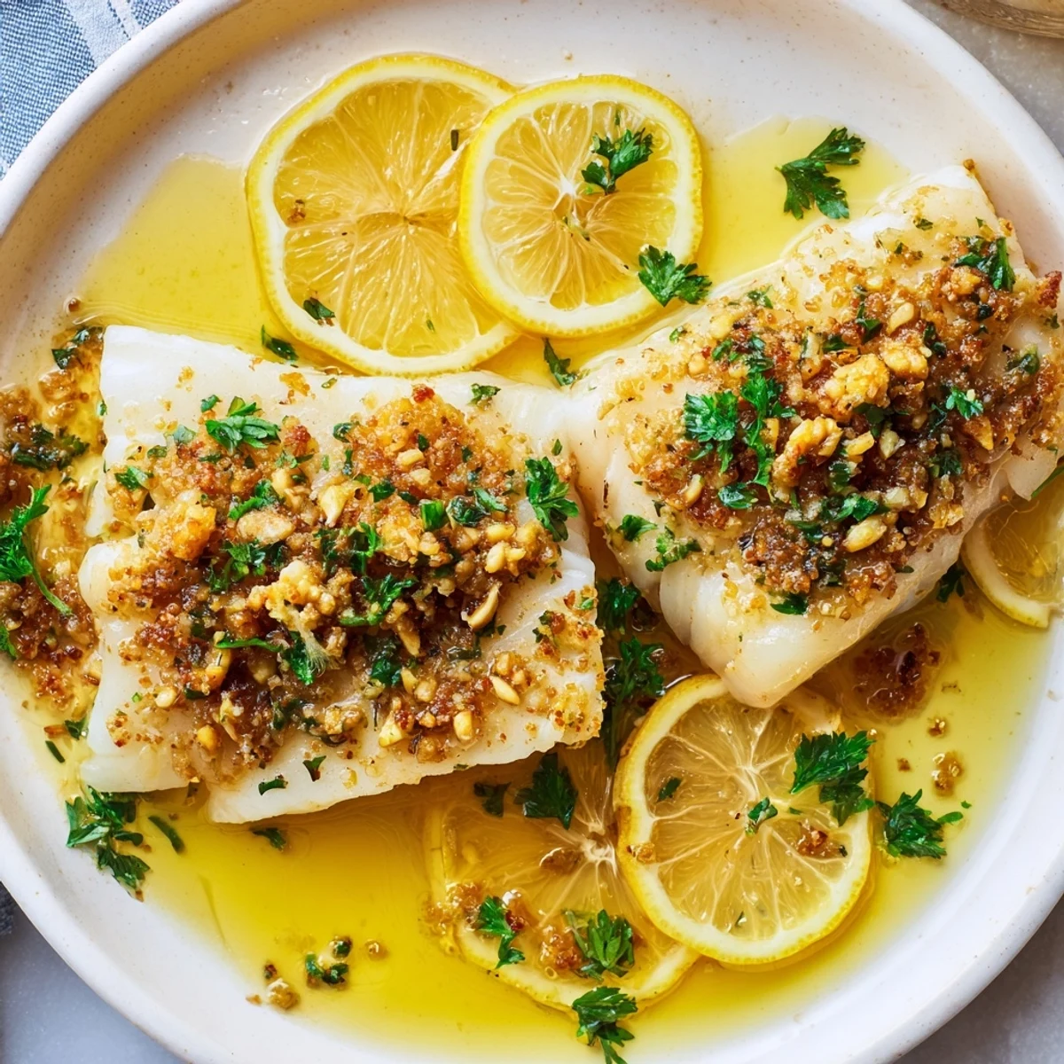 Enjoy a delicious, healthy Crispy Skin Baked Cod with Lemon recipe, glistening with olive oil and bright lemon zest.