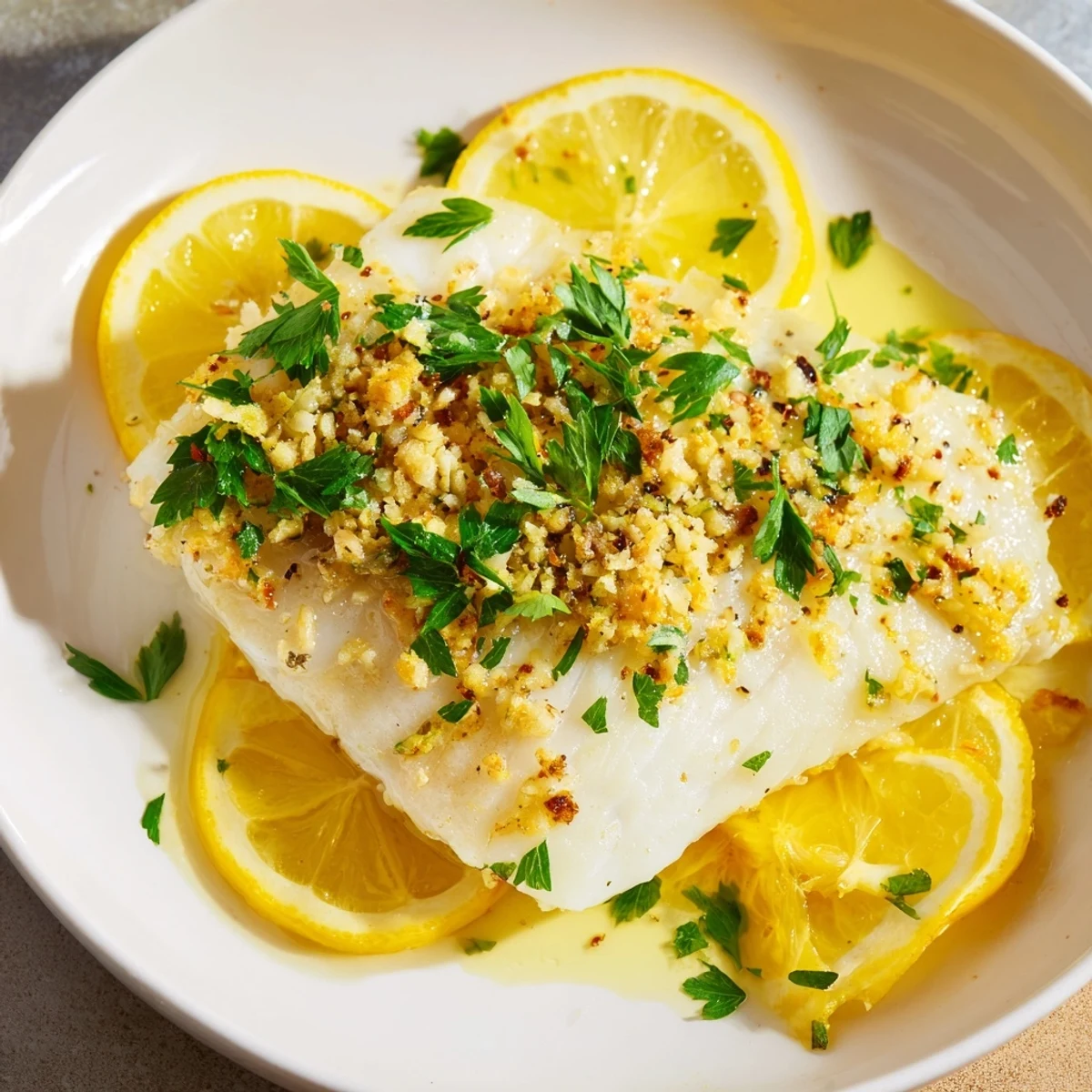Close-up of flaky, oven-baked cod with lemon, showing the perfectly crisped skin, ready to serve for dinner.