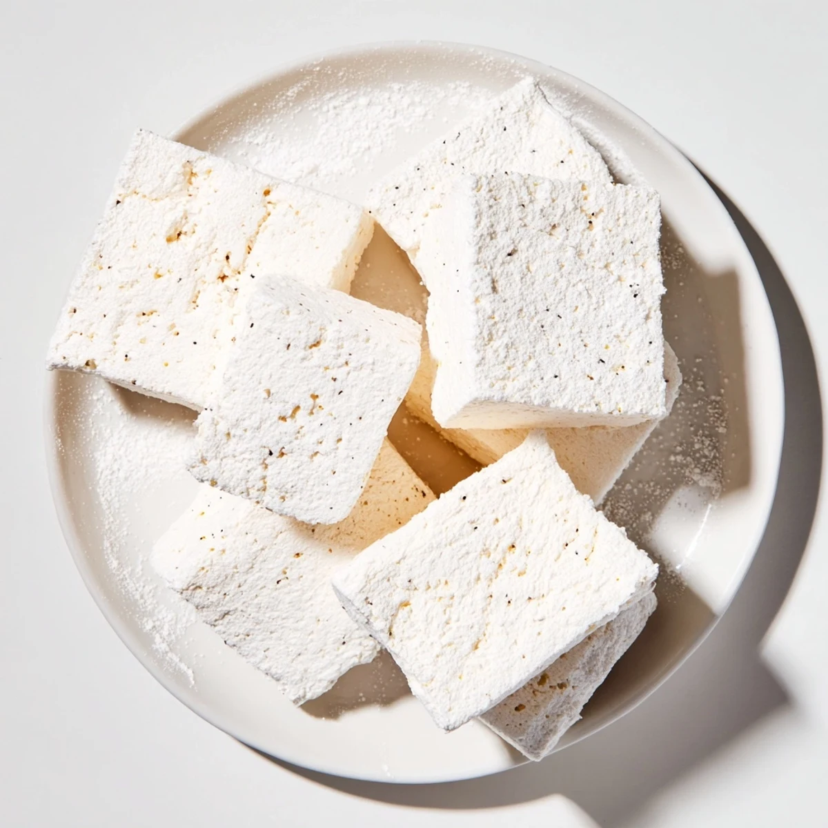 Fluffy vanilla bean marshmallows, pillowy soft and dusted with powdered sugar, ready to be enjoyed.