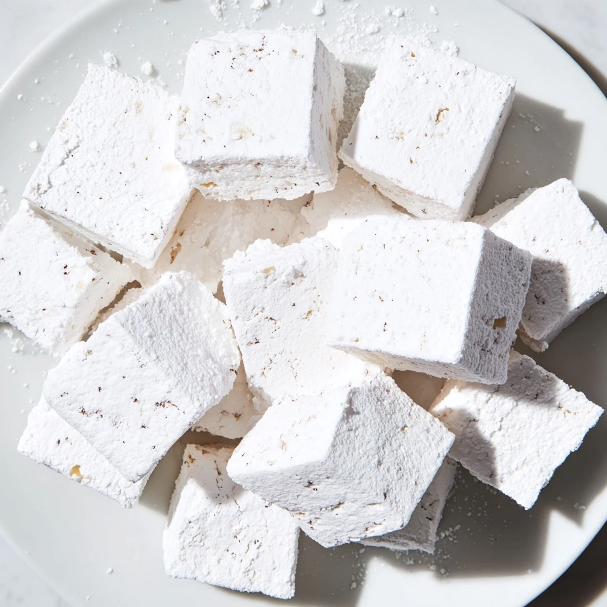A close-up of freshly cut, homemade fluffy vanilla bean marshmallows, perfectly square and delightful.