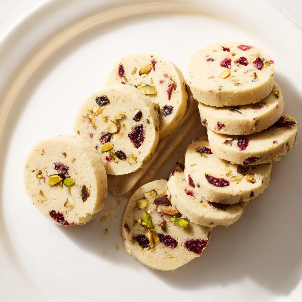 Freshly baked Cranberry Pistachio Shortbread Cookies, featuring a delicate crumb and festive appearance for the holidays.