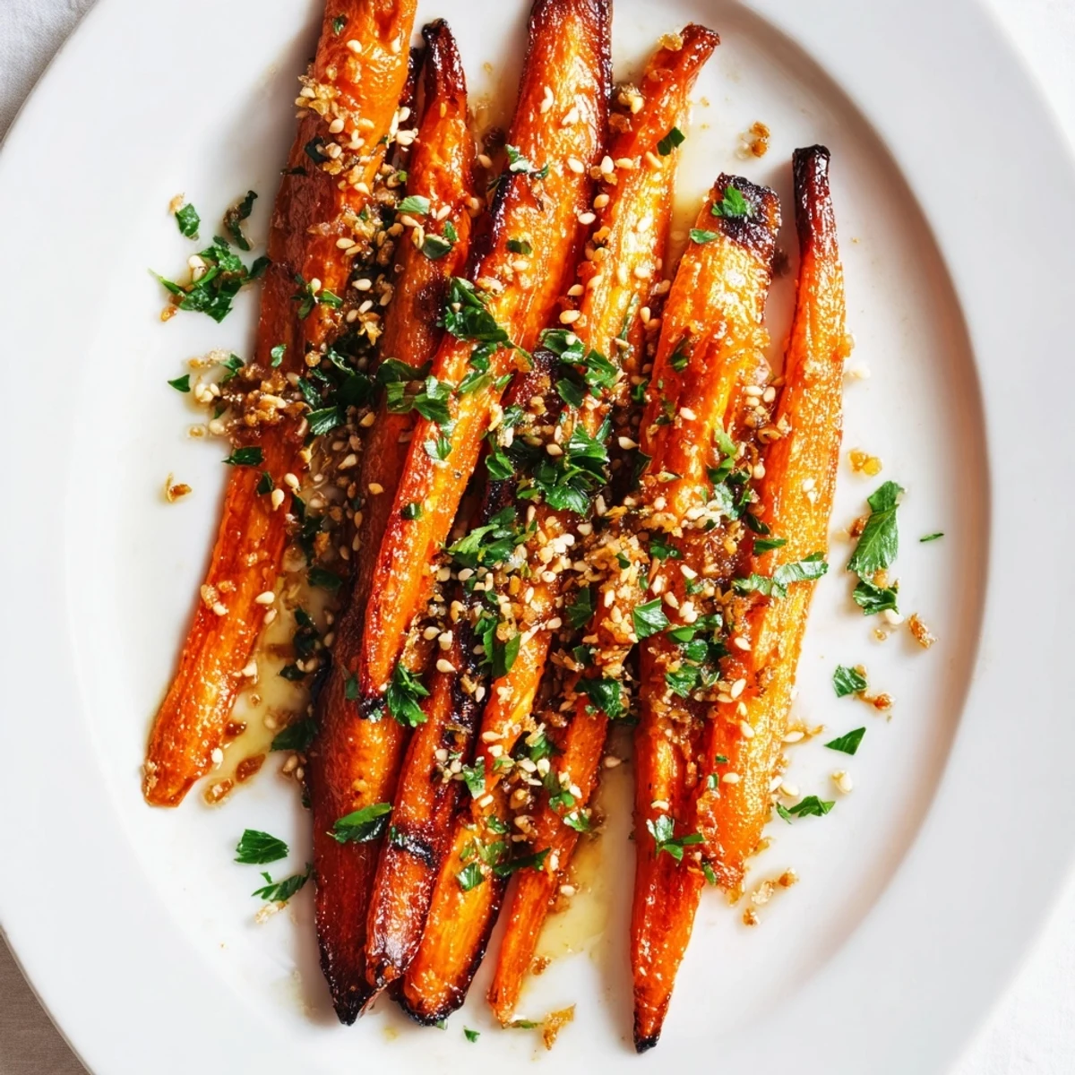 Warm roasted carrots with cumin and honey, garnished with parsley, a beautifully plated side.