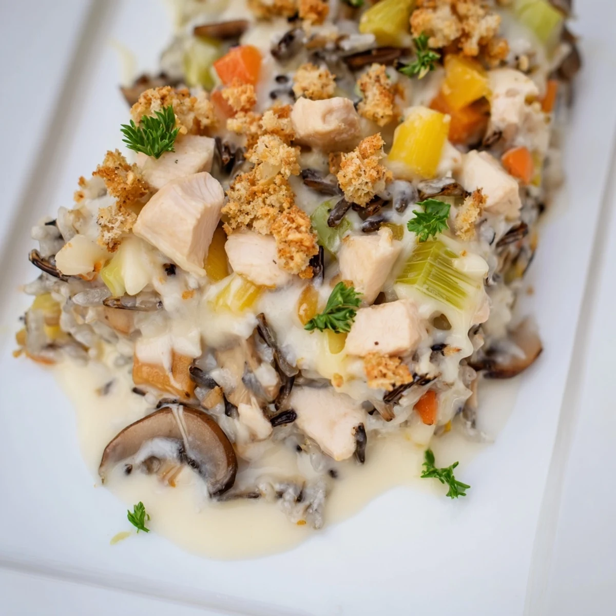 Golden-brown Creamy Chicken and Wild Rice Casserole, bubbling hot, a comforting family meal.