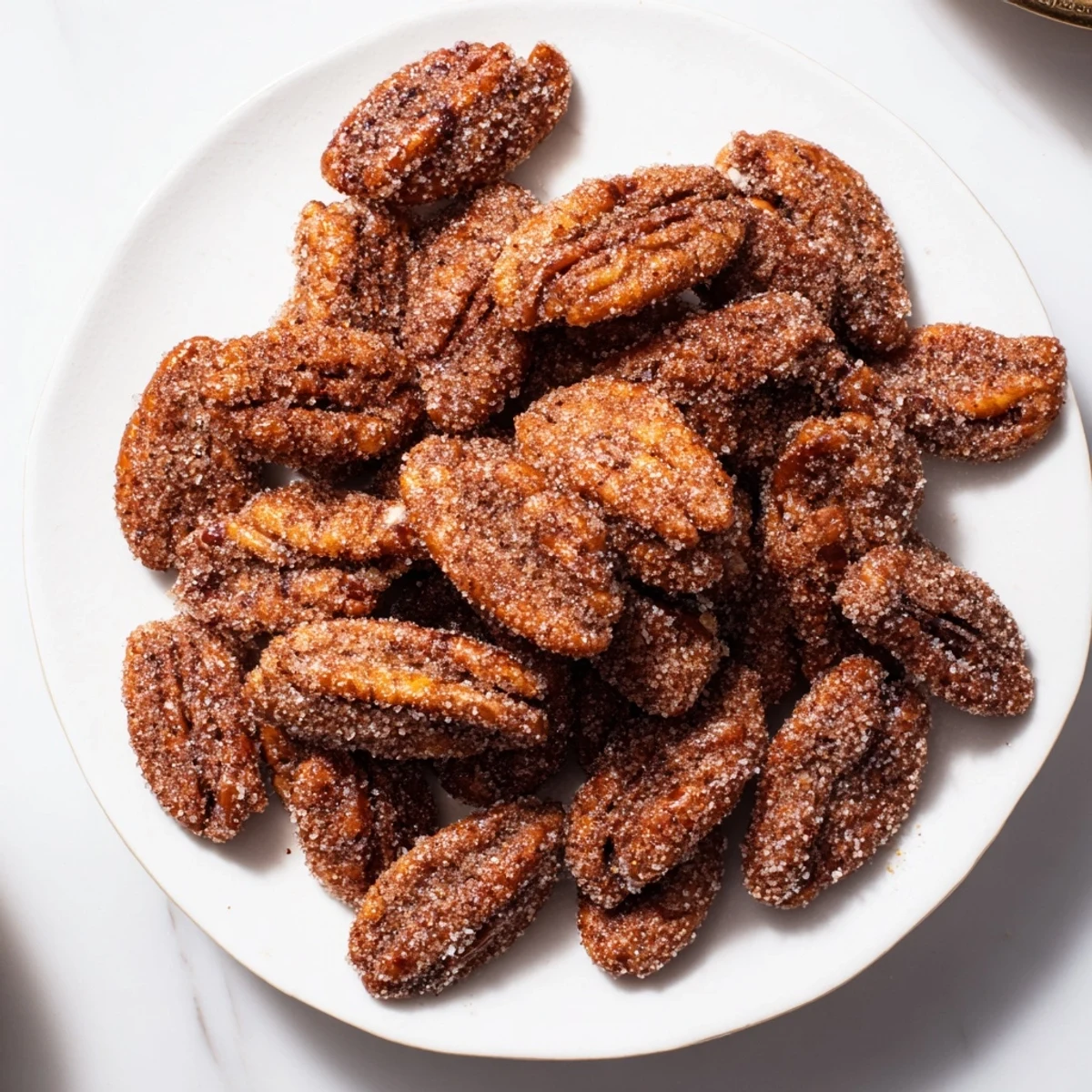 Golden, perfectly roasted cinnamon sugar pecans, glistening with a sweet, spiced coating.