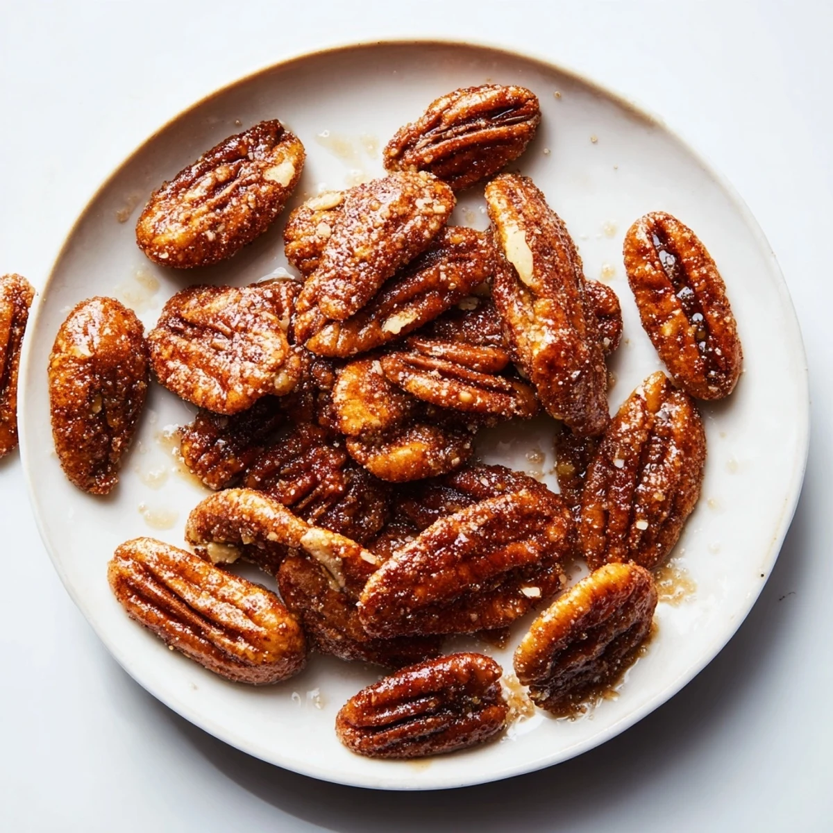 Warm, sugared cinnamon pecans cooling on a baking sheet, ready to be enjoyed as a snack.