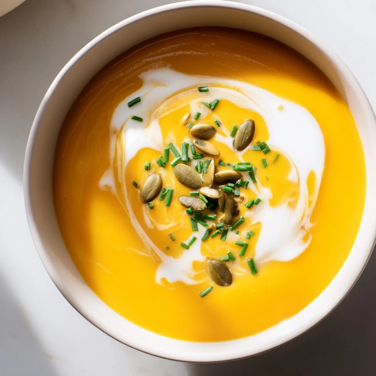 Creamy butternut squash and pear soup, perfectly blended and garnished with fresh chives, ready to enjoy.