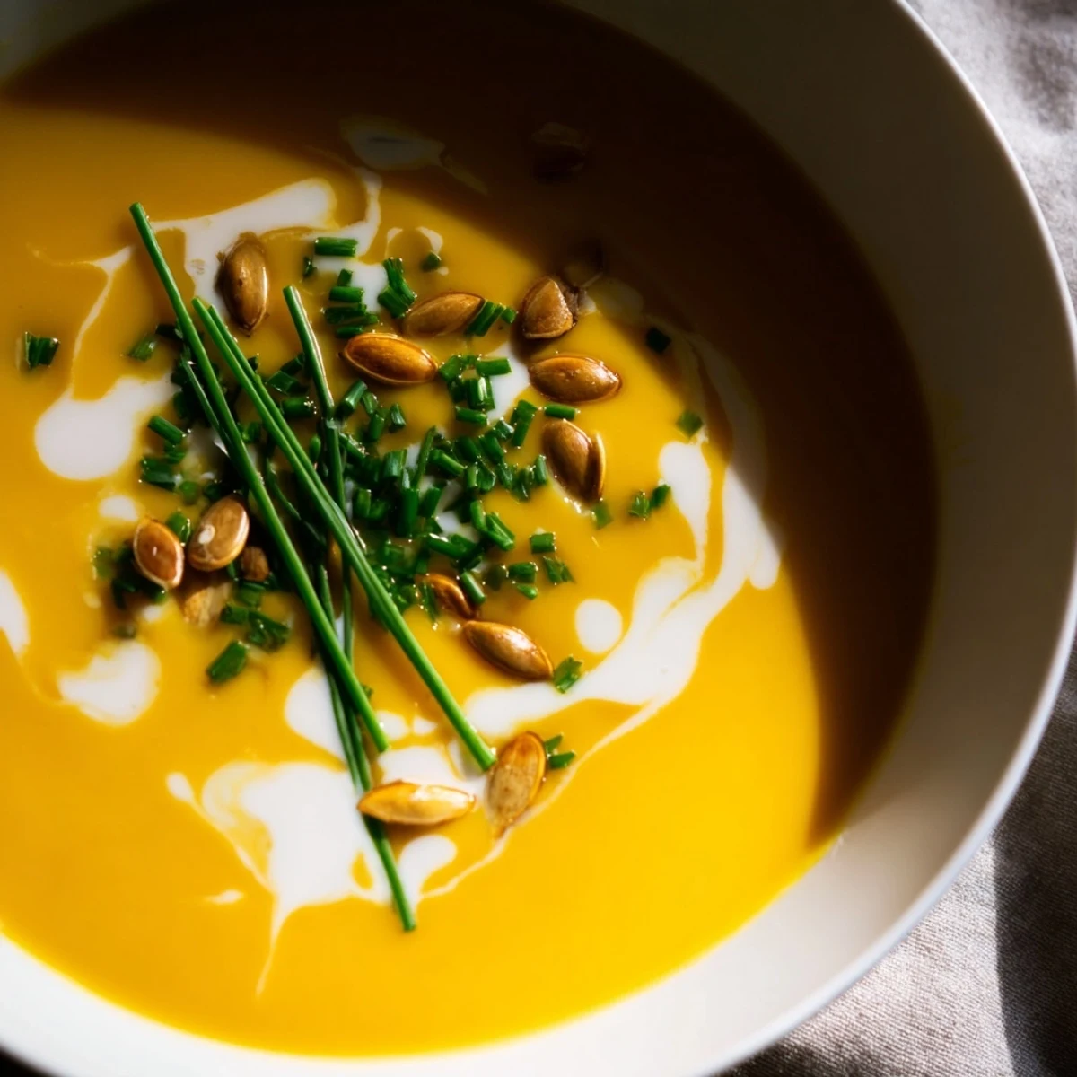 A steaming bowl of flavorful butternut squash and pear soup, with hints of cinnamon and ginger.
