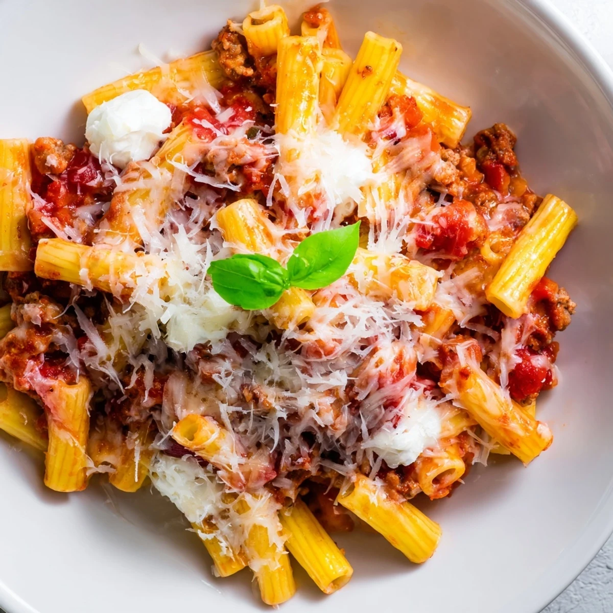 A bubbling dish of baked ziti with ground beef, rich tomato sauce, and melted cheese.