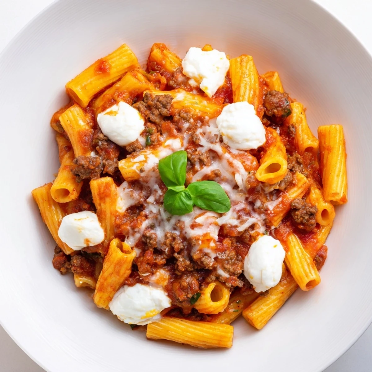 Close up shows fully baked ziti with ground beef; cheese melted and bubbly for a shareable dinner.