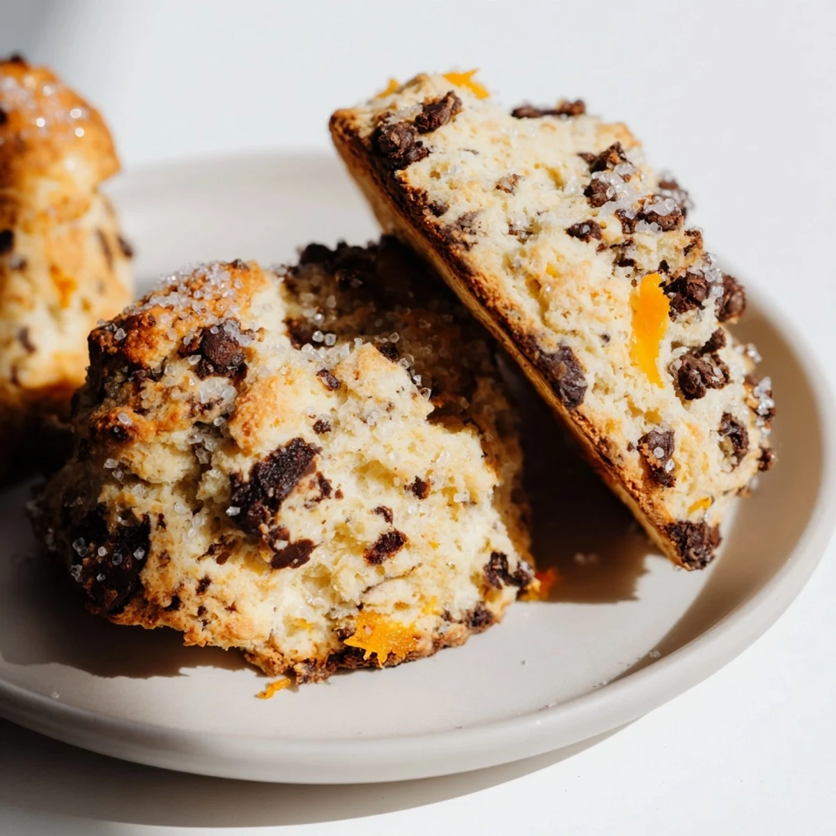 Warm, freshly baked Dark Chocolate Orange Scones displaying rich chocolate chunks and a delicate, flaky texture.