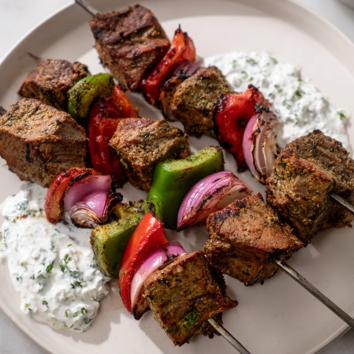 Sizzling Spiced Lamb Kebabs, flavorful lamb and peppers grilled and served with cooling mint yogurt.