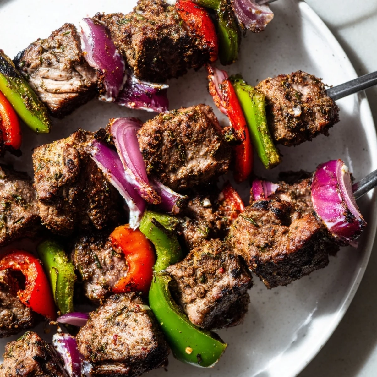 The aroma of Spiced Lamb Kebabs fills the air, tender lamb grilled to perfection with vibrant vegetables.