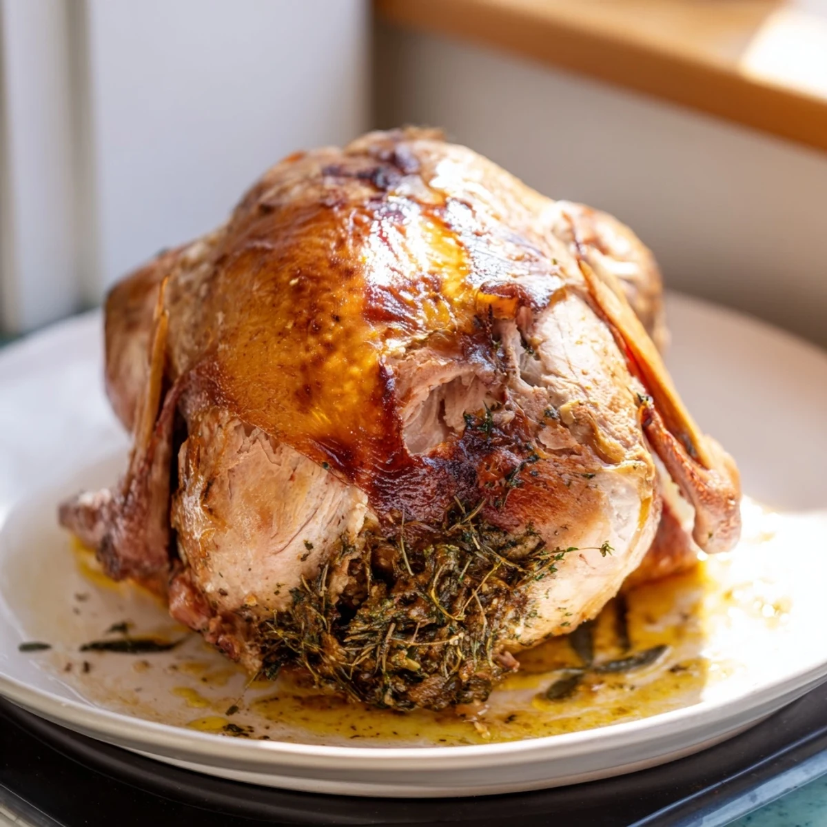 Golden-brown Garlic Herb Roasted Turkey Breast, glistening and ready, perfect for a special occasion.