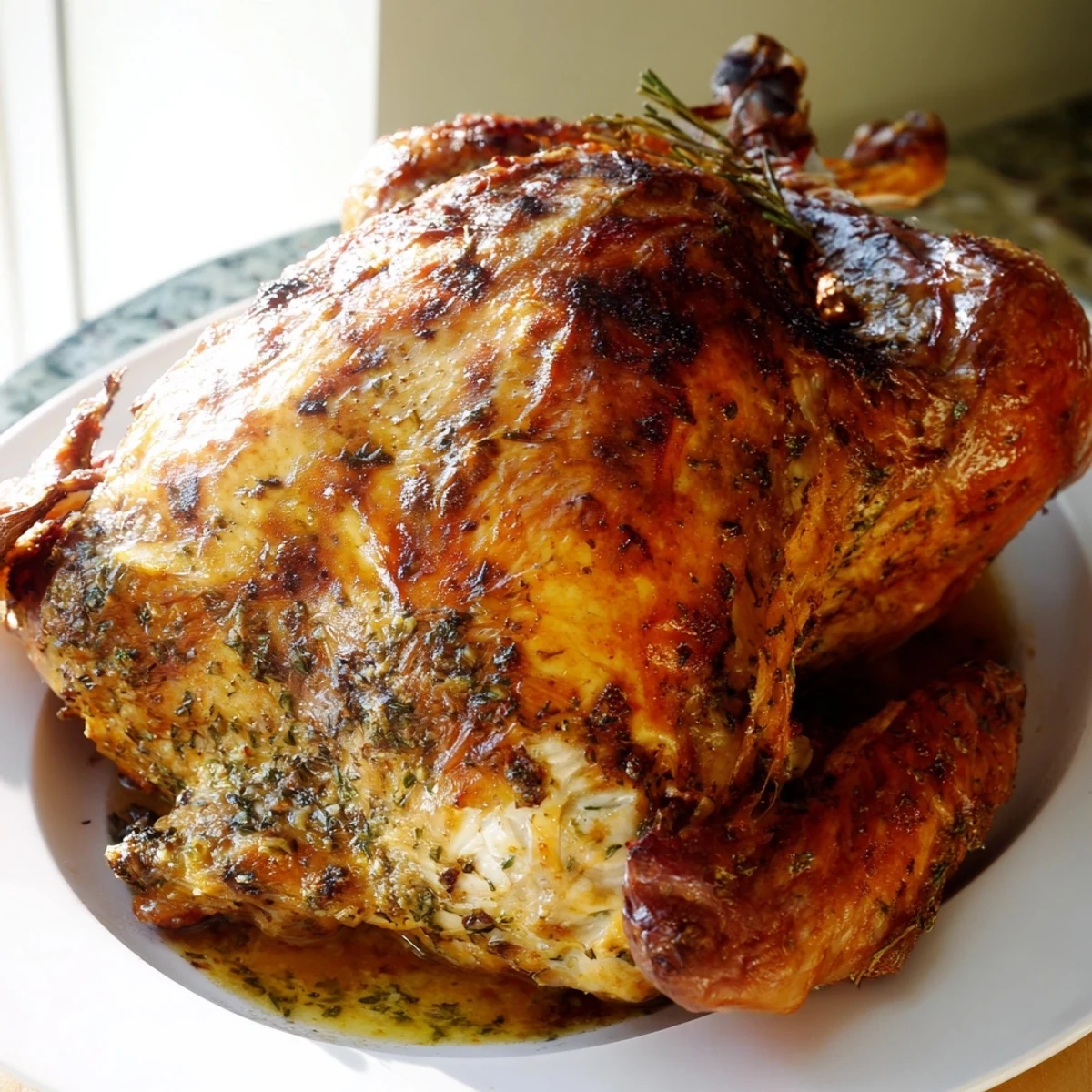 Slices of savory Garlic Herb Roasted Turkey Breast, served with pan juices and roasted vegetables.