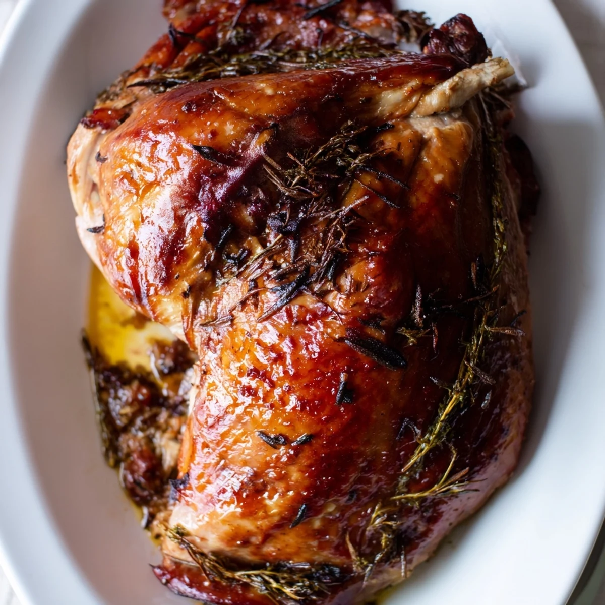 Close-up of a juicy Garlic Herb Roasted Turkey Breast with crispy skin, herb butter visible beneath.