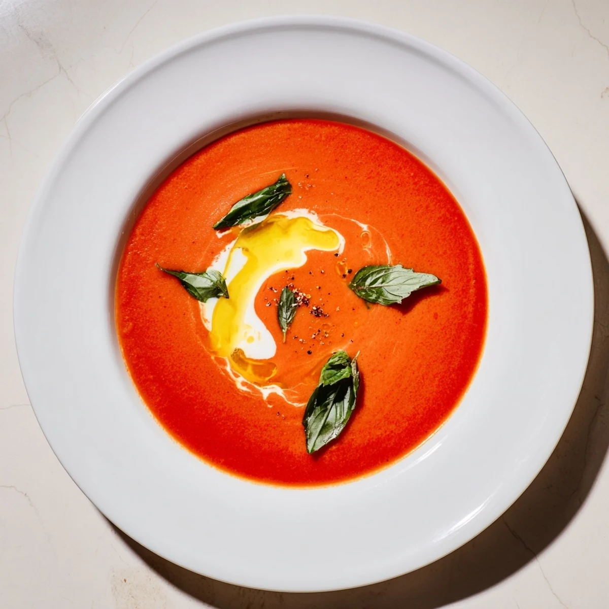 Warm your soul with a bowl of homemade Roasted Tomato Soup, garnished and ready to eat.