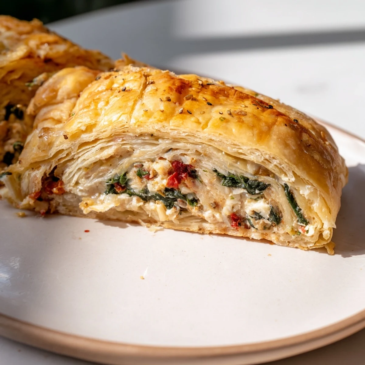 A close-up of a warm savory biscuit roll, revealing its cheesy, vegetable filling.