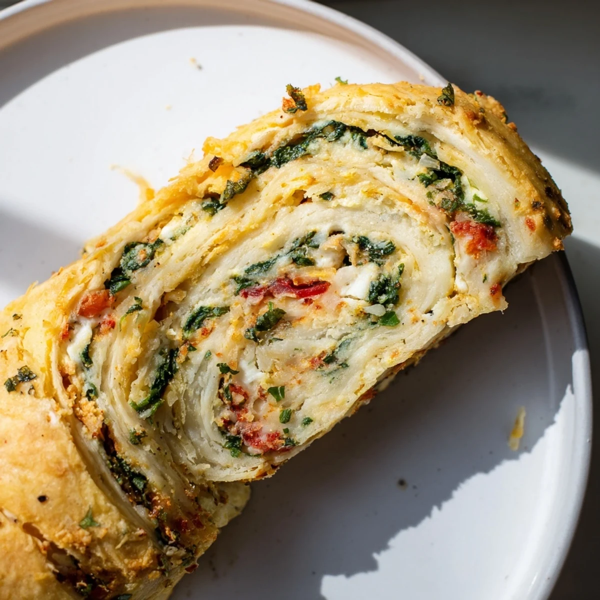 Golden, flaky savory biscuit roll, freshly baked and sliced, ready to serve for brunch.