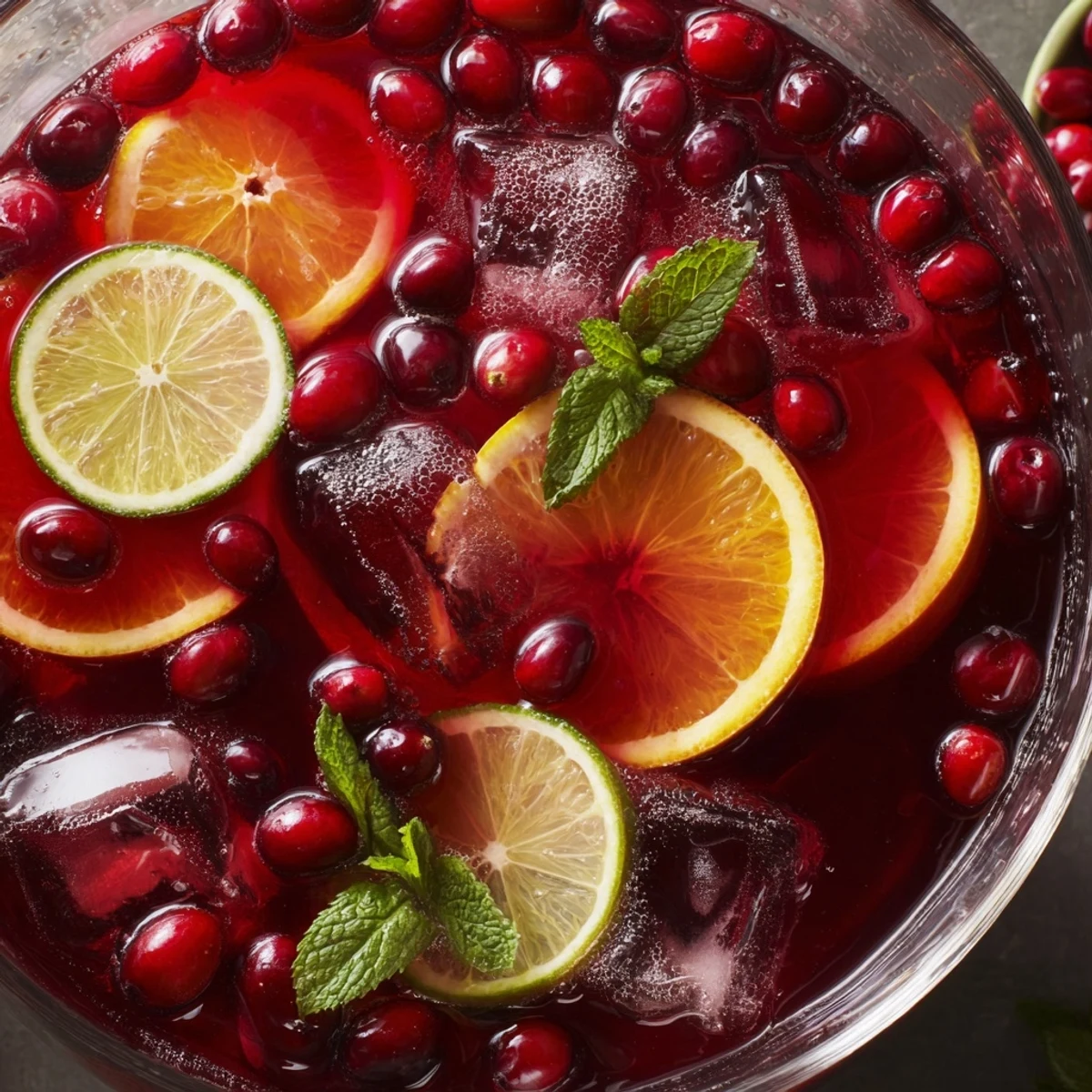 Imagine a vibrant cranberry punch bowl overflowing with ice, fruits, and sparkling beverages.
