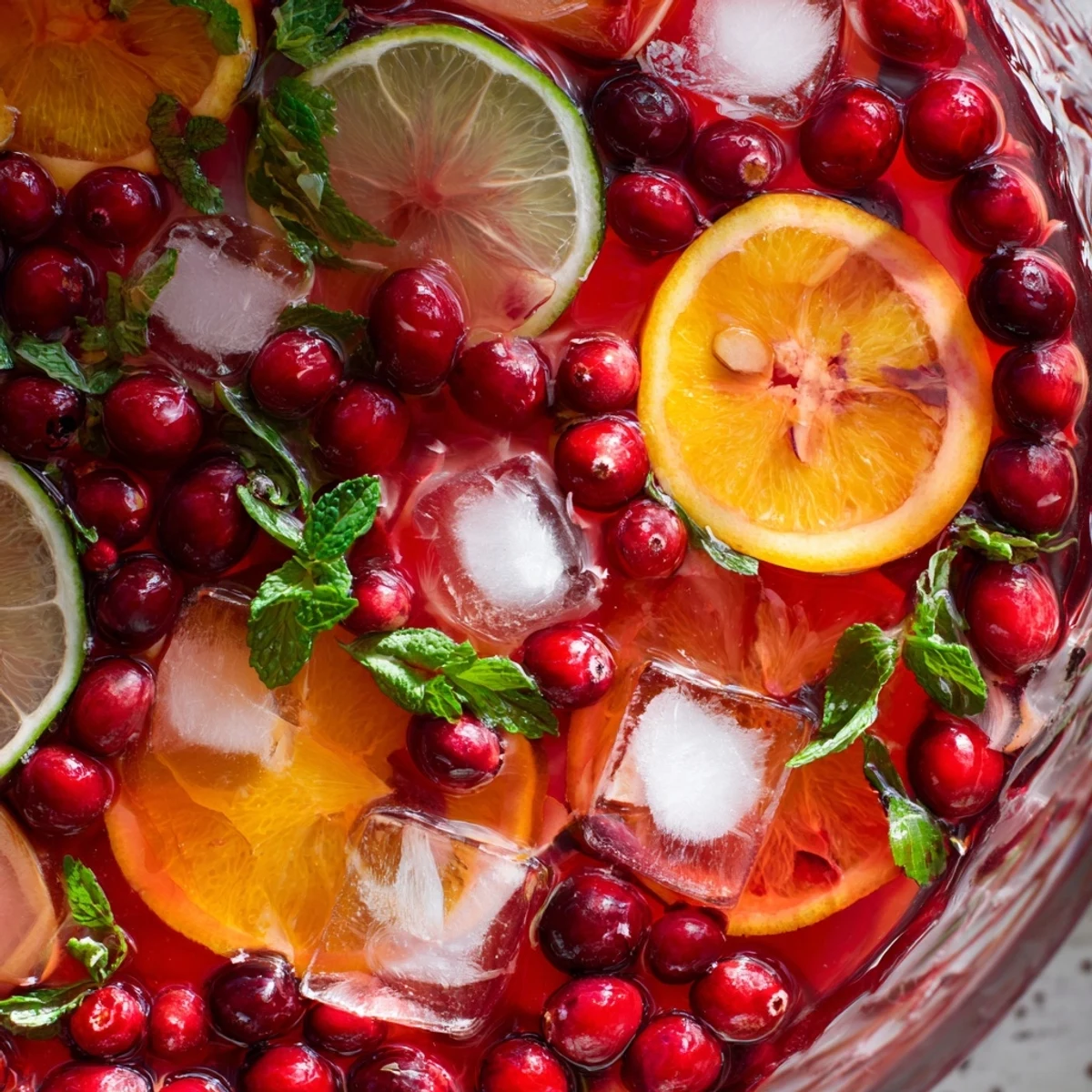 Bright and bubbly: a large cranberry punch bowl ready to serve at your gathering.